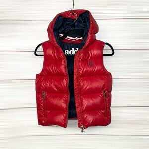 ADD Red Down Hooded Puff Vest Zip Front Pockets Logo Boys size 10Y